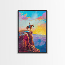 Load image into Gallery viewer, Cowboy on Cliff Edge at Sunrise - Colorful Western Landscape Painting, Framed Canvas Print, Sunrise Wall Art, Living Room Decor