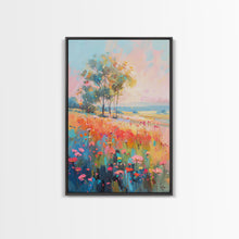 Load image into Gallery viewer, Blossoming Meadow with Trees - Framed Canvas Print, Peaceful Living Room Art, Serene Bedroom Decor, Vibrant Flower Art, Wall Art