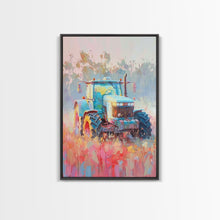 Cargar imagen en el visor de la galería, Farm Tractor in Vibrant Meadow - Framed Canvas Print, Countryside Living Room Art, Pastel Bedroom Decor, Rural Art, Wall Art