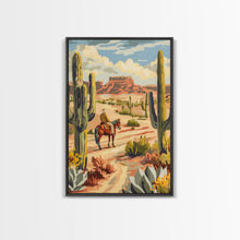 Load image into Gallery viewer, Cowboy Riding in Desert Landscape with Cacti - Framed Canvas Print, Western Art, Southwestern Decor, Desert Scene Wall Art for Home
