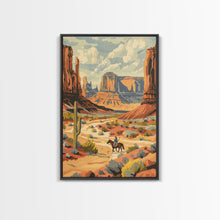 Load image into Gallery viewer, Cowboy in Southwestern Desert Landscape - Framed Canvas Print, Western Wall Art, Desert Scene Art, Cactus Decor for Living Room