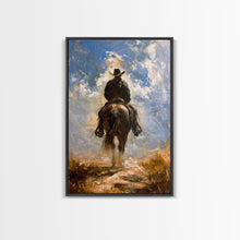 Load image into Gallery viewer, Cowboy Silhouette Riding Through the Plains - Framed Canvas Print, Western Art, Rustic Decor, Living Room Wall Art, Cowboy Themed Art