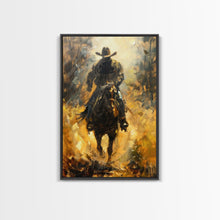 Load image into Gallery viewer, Cowboy Riding Horse into the Distance - Framed Canvas Print, Western Art, Rustic Decor, Living Room Wall Art, Cowboy Themed Art
