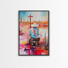 Carregar imagem no visualizador da galeria, Abstract Cowboy Kneeling by Cross Art - Framed Canvas Print, Modern Southwestern Decor, Vibrant Living Room Wall Art