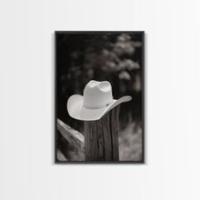 Load image into Gallery viewer, Cowboy Hat on a Wooden Fence Post in Rustic Black and White Photography for Western Home Decor, Canvas Prints, Wall Art for Living Room