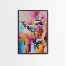 Load image into Gallery viewer, Dynamic Cowboy with Gun - Framed Canvas Print, Action-Packed Western Art, Bold Cowboy Wall Art for Living Room Decor
