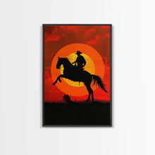 Load image into Gallery viewer, Cowboy on Horse with Dramatic Sunset Background | Framed Canvas Print | Western Silhouette Art | Sunset Cowboy Wall Art for Bedroom