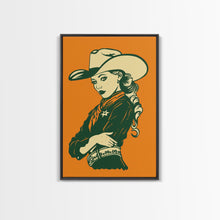 Load image into Gallery viewer, Elegant Retro Cowgirl with Hat Illustration | Framed Canvas Print | Vintage Western Art | Stylish Cowgirl Wall Art for Living Room