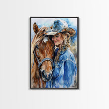 Load image into Gallery viewer, Cowgirl with Horse in Denim Outfit - Framed Canvas Print, Western Wall Art, Rustic Decor, Living Room and Bedroom Art Print
