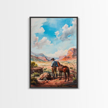 Load image into Gallery viewer, Cowboy and Horse Desert Scene Art - Framed Canvas Print, Western Living Room Decor, Cowboy Wall Art, Desert Home Decoration