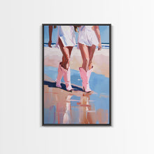 Load image into Gallery viewer, Cowgirls walking on the beach wearing pink cowboy boots, artistic reflection Framed Canvas Print - beach fashion, summer decor, vibrant art
