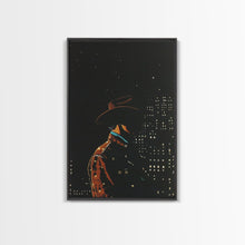 Load image into Gallery viewer, Cowboy in the City Night Print - Framed Canvas Wall Art, Urban Western Decor, City Cowboy Artwork for Living Room, Modern Western Art