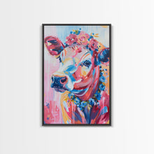 Cargar imagen en el visor de la galería, Floral Crowned Cow Portrait - Whimsical Farmhouse Wall Art, Vibrant Animal Painting, Bedroom Decor, Cute Cow Canvas Print