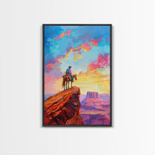 Load image into Gallery viewer, Cowboy on Horseback Overlooking Canyon - Vibrant Western Landscape Art, Sunset Painting, Living Room Decor, Cowboy Canvas Print