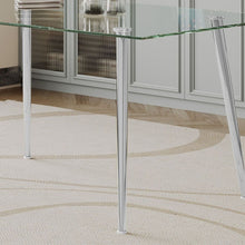 Carregar imagem no visualizador da galeria, Dining Table Set of 9, 0.32" Thick Tempered Glass Top Dining Table with Metal Legs and Eight Fabric Dining Chairs, Table Size: 62.99" L x 35.43" W x 29.92" H