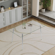 Carregar imagem no visualizador da galeria, Dining Table Set of 9, 0.32" Thick Tempered Glass Top Dining Table with Metal Legs and Eight Fabric Dining Chairs, Table Size: 62.99" L x 35.43" W x 29.92" H