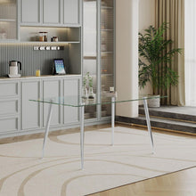 Carregar imagem no visualizador da galeria, Dining Table Set of 9, 0.32" Thick Tempered Glass Top Dining Table with Metal Legs and Eight Fabric Dining Chairs, Table Size: 62.99" L x 35.43" W x 29.92" H