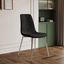 Carregar imagem no visualizador da galeria, Dining Table Set of 9, 0.32" Thick Tempered Glass Top Dining Table with Metal Legs and Eight Fabric Dining Chairs, Table Size: 62.99" L x 35.43" W x 29.92" H