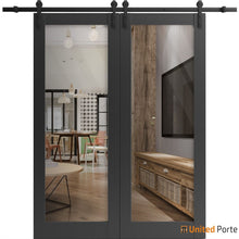 Cargar imagen en el visor de la galería, Lucia 2166 Matte Black Double Barn Door with Clear Glass and Black Rail