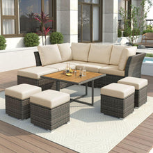 Carregar imagem no visualizador da galeria, Patio Furniture Set, 9 Piece Outdoor Conversation Set, CoffeeTable with Ottomans, Solid wood coffee table