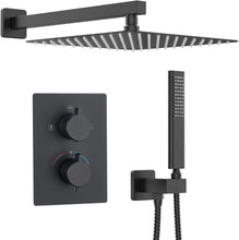 Cargar imagen en el visor de la galería, TRUSTMI Thermostatic Shower System Set Matte Black, 3-Way Push Button Diverter Brass Wall Mount Ceiling Shower Faucet Complete with16 Inch 2 Modes Wat