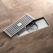 Cargar imagen en el visor de la galería, 8 Inch Shower Linear Brushed Nickel Drain Rectangular Floor Drain with Accessories Square Hole Pattern Cover Grate Removable Brushed Nickel Brass