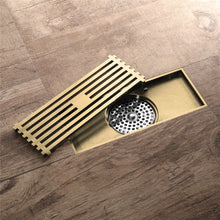 Cargar imagen en el visor de la galería, 8 x3 Inch or 4 x 4 inch Shower Linear Brushed Gold Drain Rectangular Floor Drain with Accessories Square Hole Pattern Cover Grate Removable Brushed Gold Brass