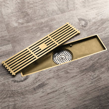 Cargar imagen en el visor de la galería, 12-Inch Brushed Gold Rectangular Floor Drain - Square Hole Pattern Cover Grate - Removable - Includes Accessories
