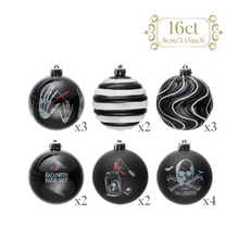 Load image into Gallery viewer, Black Gothic 16-Piece Baubles with Skulls, Skeleton Hands, Horror Prints & Striped Designs