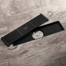 Cargar imagen en el visor de la galería, 12-Inch Matte Black Rectangular Floor Drain - Square Hole Pattern Cover Grate - Removable - Includes Accessories