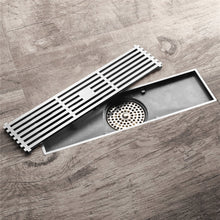 Cargar imagen en el visor de la galería, 12-Inch Brushed Nickel Rectangular Floor Drain - Square Hole Pattern Cover Grate - Removable - Includes Accessories