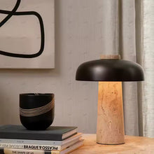 Carregar imagem no visualizador da galeria, Nogy Mushroom Table Lamp – Textured Travertine Base & Matte Black Dome