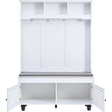 Carregar imagem no visualizador da galeria, 5-in-1 Entryway Bench with Shutter-shaped doors, Coat Rack, Cushion and 4 Sturdy Hooks, 47.2" Wide Hall Tree with Storage Bench for Hallway, Entryway, Living Room