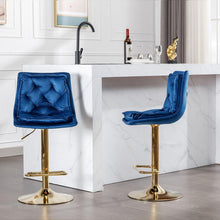 Carregar imagem no visualizador da galeria, Set of 2 Bar Stools, with Chrome Footrest and Base Swivel Height Adjustable Mechanical Lifting Velvet + Golden Leg Simple Bar Stoo, blue