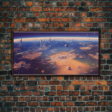 Load image into Gallery viewer, Bird's eye view of a futuristic city-planet, cool scifi art, framed canvas print, ready to hang framed wall art