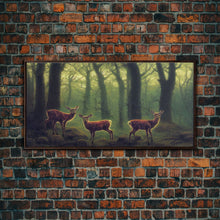 Load image into Gallery viewer, Does in a majestic forest, whitetail deer art, framed canvas print, ready to hang framed wall art