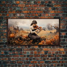 Carregar imagem no visualizador da galeria, Girl Violinist, Fall Wall Decor, Pumpkin Decor, Canvas Print, Wall Hanging, Panoramic Art, Country Home Decor, Violin Wall Art, Gift For Her
