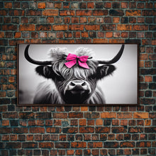 Cargar imagen en el visor de la galería, Cute Highland Cow wearing a Bow, Pink Bow on a Cute Cow, framed canvas print, black and white farmhouse cow art