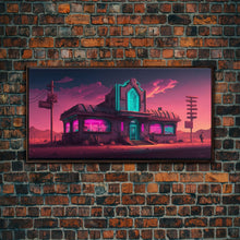 Load image into Gallery viewer, Art Deco Cyberpunk Diner, Wild West Mashup Art, Framed Canvas Print, Neon Art, Wild West Concept Art