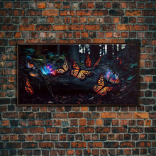 Carregar imagem no visualizador da galeria, Glowing butterflies, fantasy forest wall art, framed canvas print, mother's day, mom gift, monarch butterflies