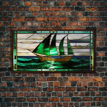 Load image into Gallery viewer, Emerald Green and Gold Art Deco Sail Boat, Framed Canvas Print, Retro MCM Style Wall Art, Midcentury Modern, Vintage Style, Stained Glass