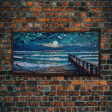Carregar imagem no visualizador da galeria, Full Moon Over Beach & Ocean Waves - Framed Canvas Print - Lighthouse and Beach Art - Lakehouse Art - Beach House - Living Room Decor