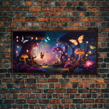 Load image into Gallery viewer, Vibrant Fantasy Forest Wall Art, The Forest Floor, Bioluminescent Glowing Butterflies, Gift, Framed Canvas Print