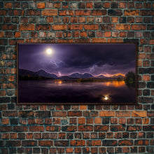 Carregar imagem no visualizador da galeria, Full moon canvas print, Lightning storm over a mountain lake at night, cool wall art, awesome wall art