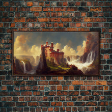 Cargar imagen en el visor de la galería, Fantasy wall art, canvas print, castle in the sky, castle atop mountains and waterfalls, watercolor