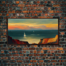 Carregar imagem no visualizador da galeria, Canvas print of sail boats on the ocean, sailing at sunset, cool lakehouse art, living room wall art, sailboats, watercolor
