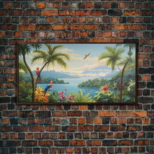 Load image into Gallery viewer, Animal Wall Art, Bird Art Print, Wall Hanging, Parrot Painting, Tropical Wall Art, Panoramic Art, Wall Art, Canvas Art, Landscape Art