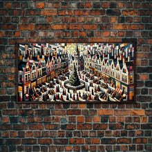 Carregar imagem no visualizador da galeria, Art Deco Stained Glass Style Christmas Village - Framed Canvas Print - Retro Xmas Art - Christmas Decor - Christmas Wall Art - Christmas Art