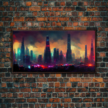Load image into Gallery viewer, Dystopian Cyberpunk City, ready to hang canvas print wall art, framed canvas wall art, mancave wall art, Cyberpunk Art