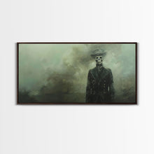 Load image into Gallery viewer, Dapper Skeleton In The Fog, Framed Canvas Print, Halloween Decor, Macabre Dark Academia Wall Art